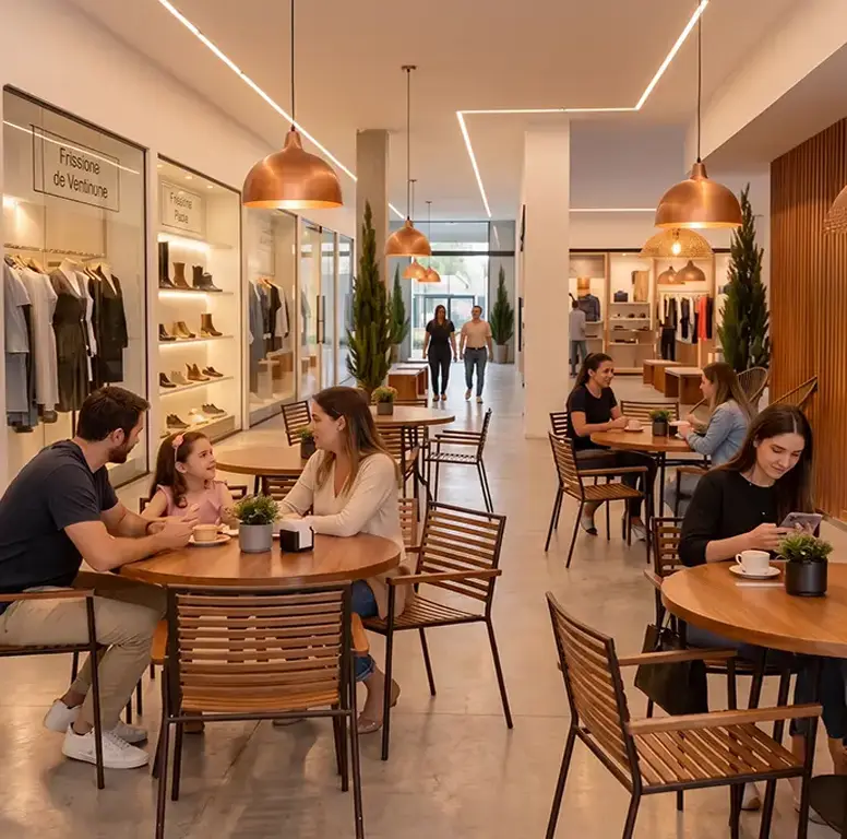 Galeria comercial e área de convivência do RW Center em Passo do Sobrado