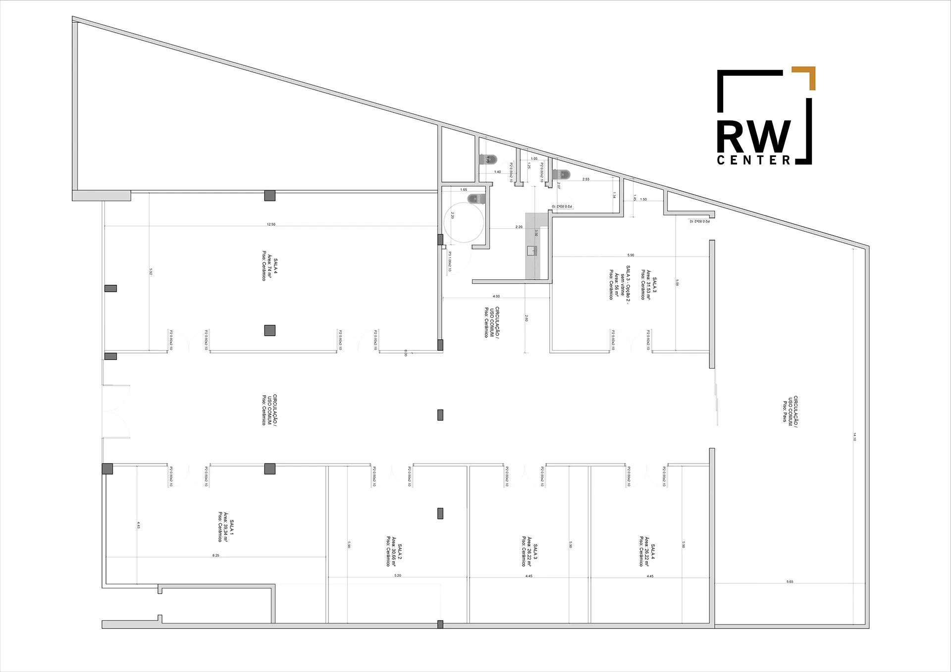 Planta baixa do RW Center com lojas de frente, galeria, salas comerciais, café e área externa